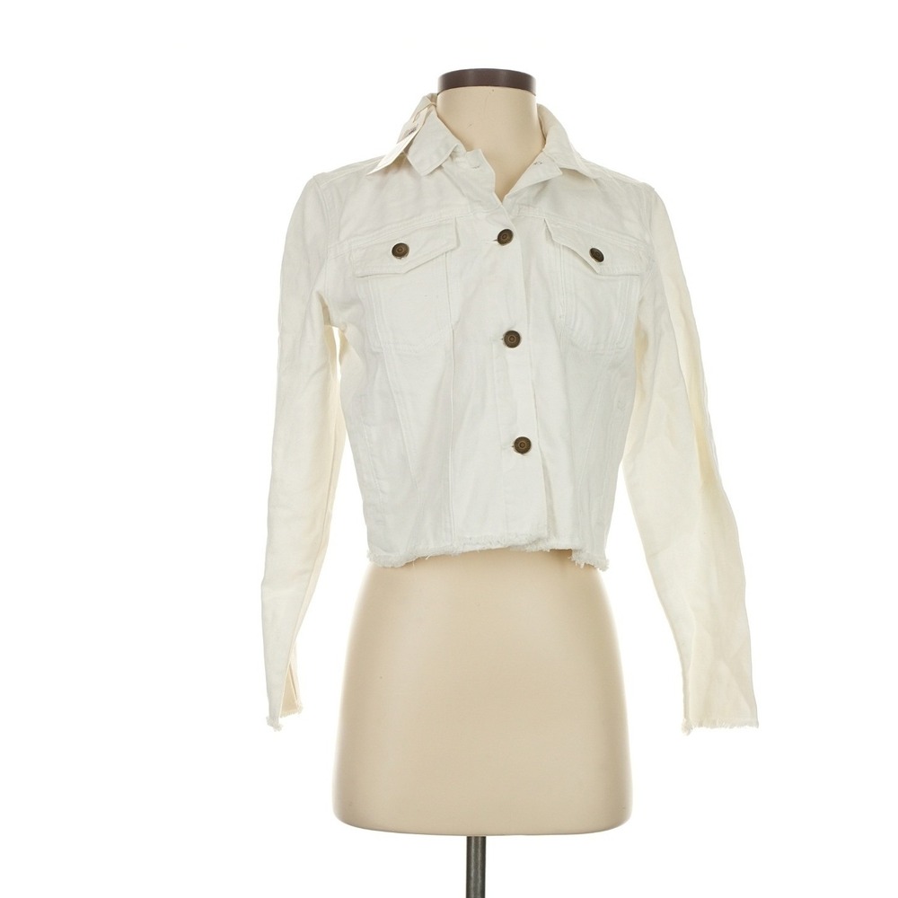 Chelsea & Violet Womens White Cropped Denim Jacket Frayed Hem Size Small